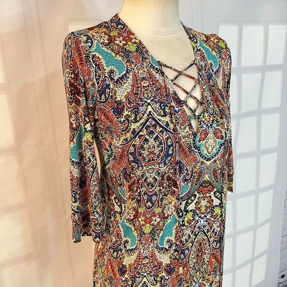 🔥5/25 sale🔥 Veronica M. Lace Up Long Sleeve Damask Print Mini Dress Size S - Picture 2 of 10